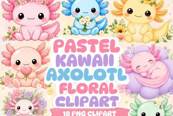 Download Pastel Kawaii Axolotl Floral Clipart - Kawaii Collection